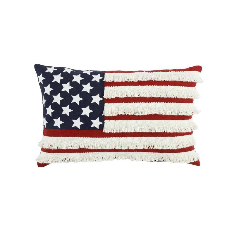 Patriotic American Flag Fringe Lumbar Pillow, Red and Navy Cotton