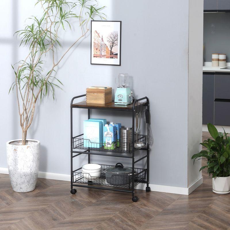 Rustic Brown 3-Tier Wood and Metal Kitchen Cart with Storage