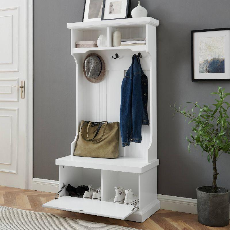 White Coastal Traditional Hall Tree with Storage and Hooks