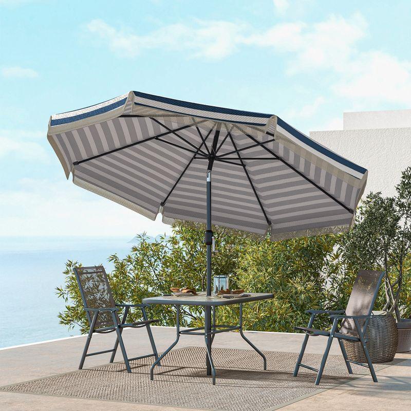 Outsunny 9' Patio Umbrella with Push Button Tilt and Crank Outdoor Double Top Market Umbrella, Blue Striped