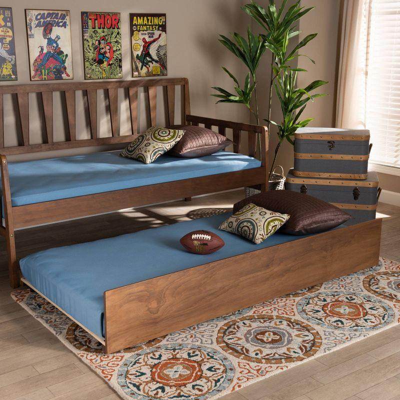 Walnut Twin Wood Trundle Bed with Wheels