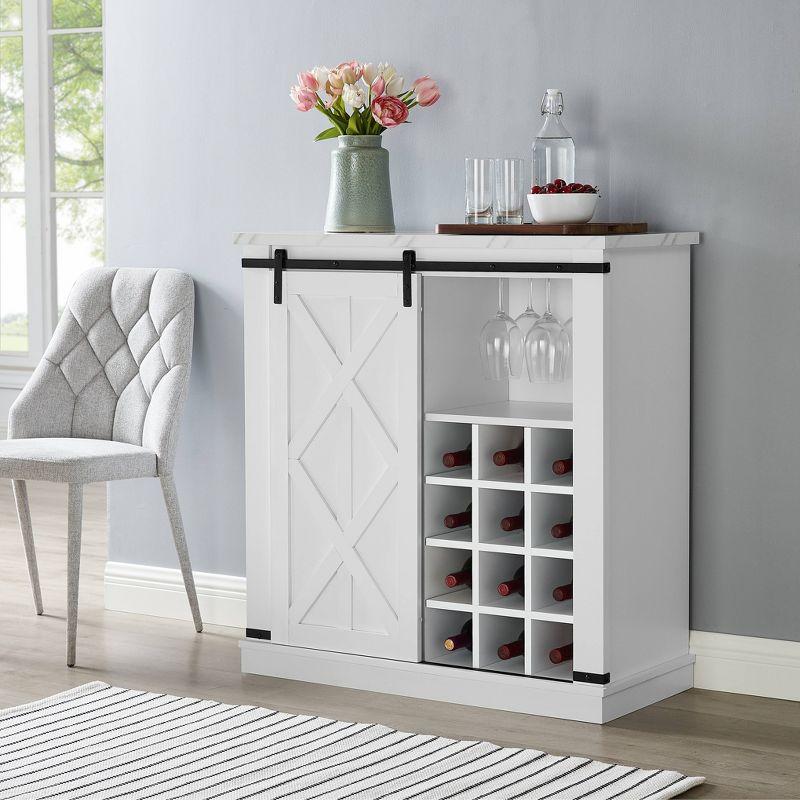 Festivo 37" White Wood Barn Door Buffet Bar Cabinet with Marble Pattern Top