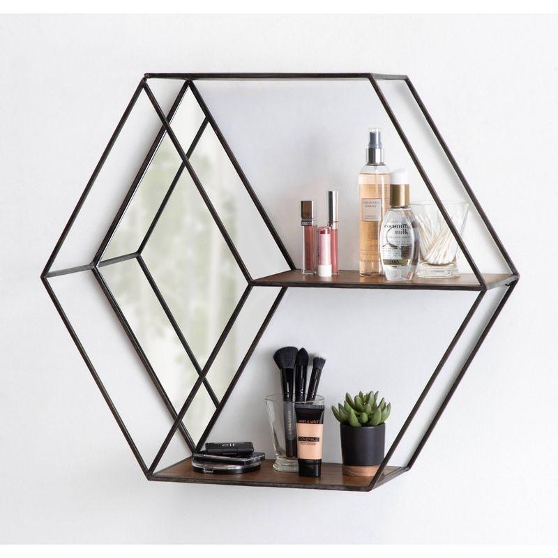 HexaShelf Rustic Brown Floating Hexagon Wall Shelf with Mirror