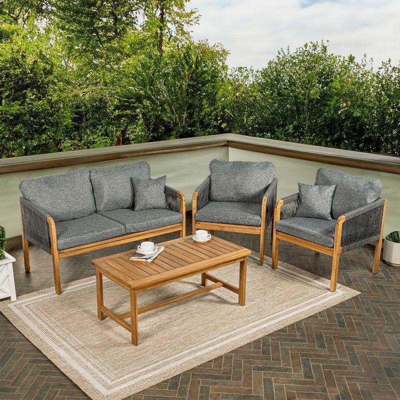 Tavira 4-Piece Modern Bohemian Acacia Wood Outdoor Patio Set with Cushions and Plain Decorative Pillows - JONATHAN Y