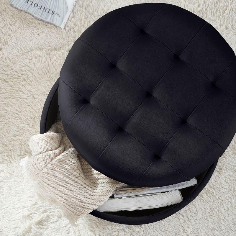 Ornavo Home Velvet Upholstered Round Tufted Storage Ottoman with Wooden Legs - Black