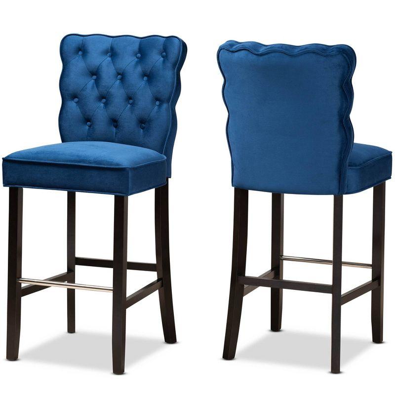 Elegant Navy Blue Velvet & Dark Wood Adjustable Barstool Set