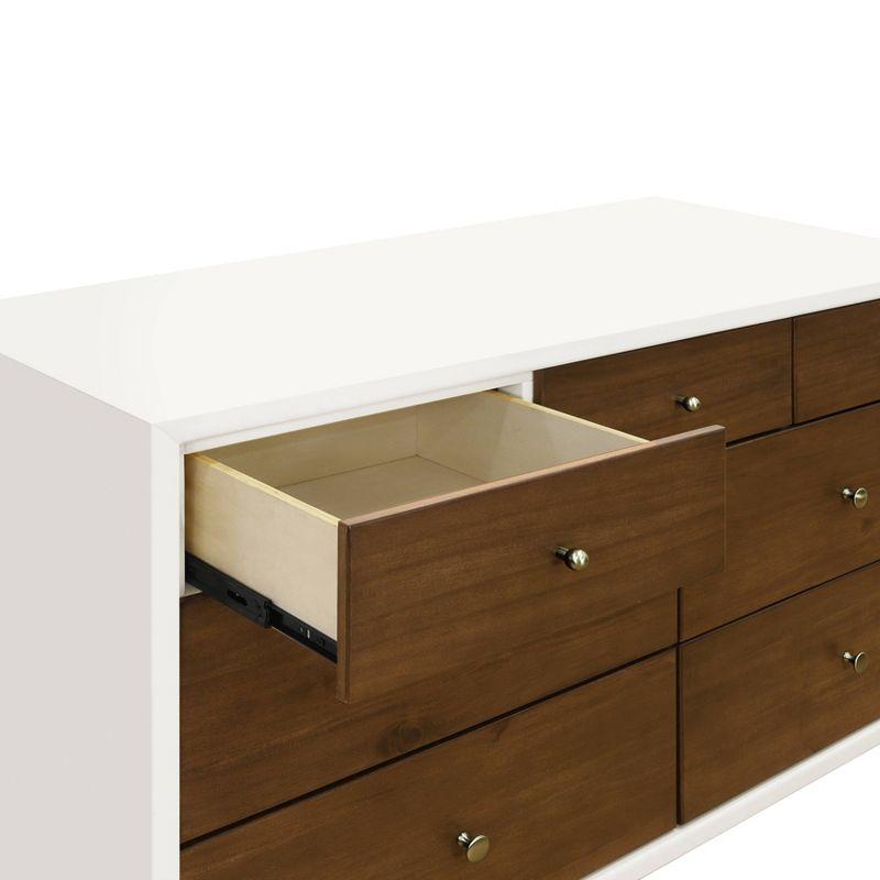 Warm White and Natural Walnut Mid-Century Double Dresser with Tapered Legs