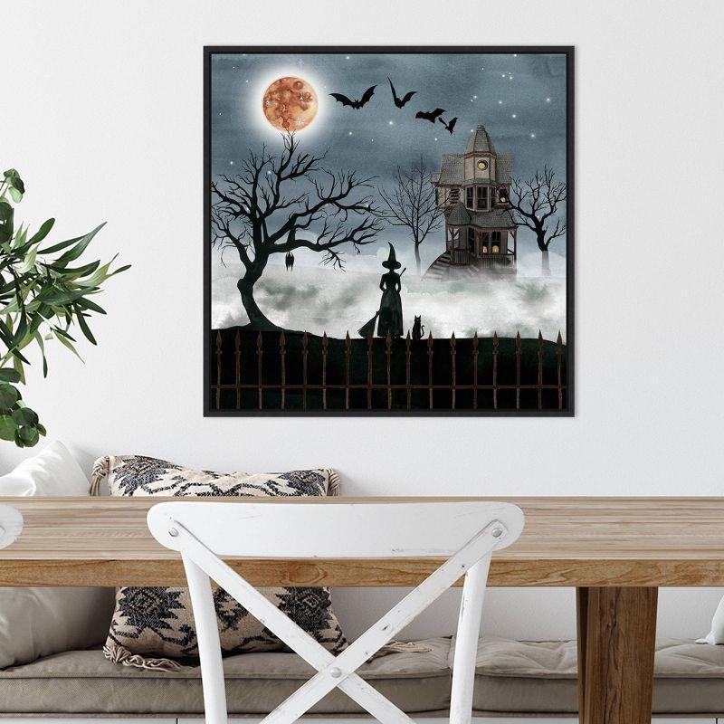 Spooky Halloween Witch and Haunted House Canvas Print