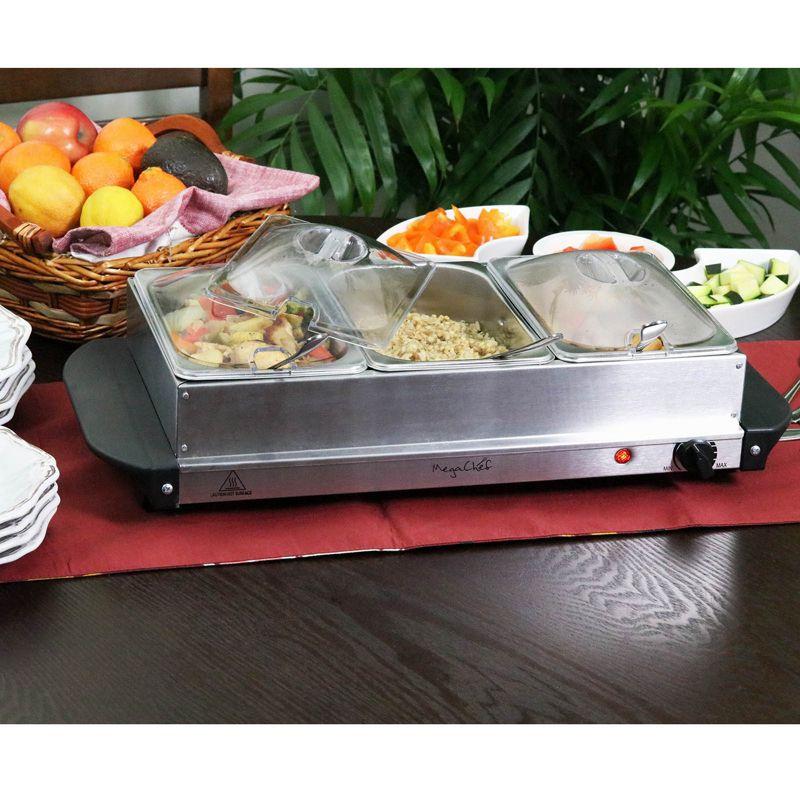 MegaChef Buffet Server & Food Warmer With 3 Sectional Trays: Stainless Steel Chafing Dish, 4.5L Capacity, Temperature Control