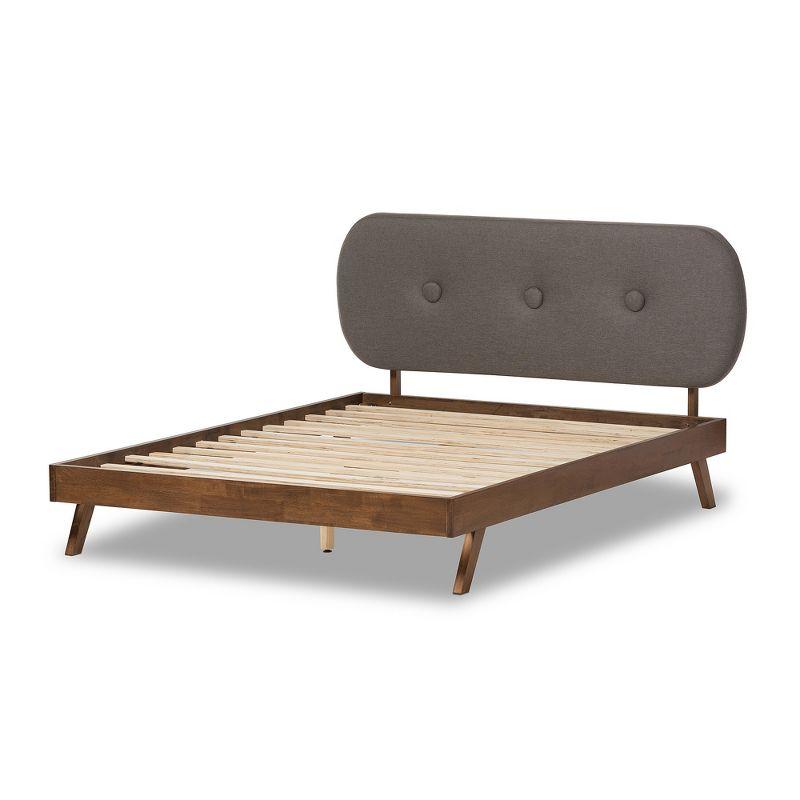 Penelope Mid-Century Modern Solid Wood and Fabric Upholstered Platform Bed Gray/Walnut Brown - Baxton Studio