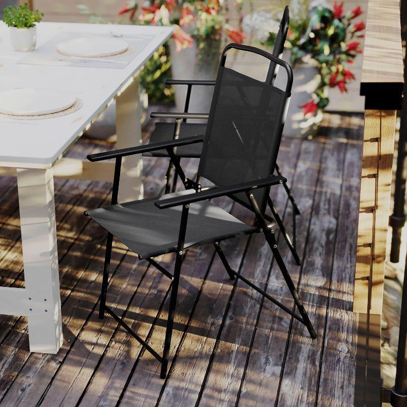 Flash Furniture Set of 2 Mystic Folding Patio Sling Chairs, Outdoor Textilene Lawn Chairs with Armrests in Black