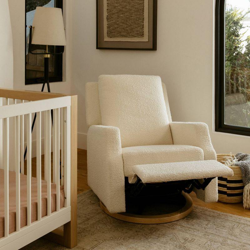 Ivory Boucle Velvet Swivel Recliner Armchair with Wood Base