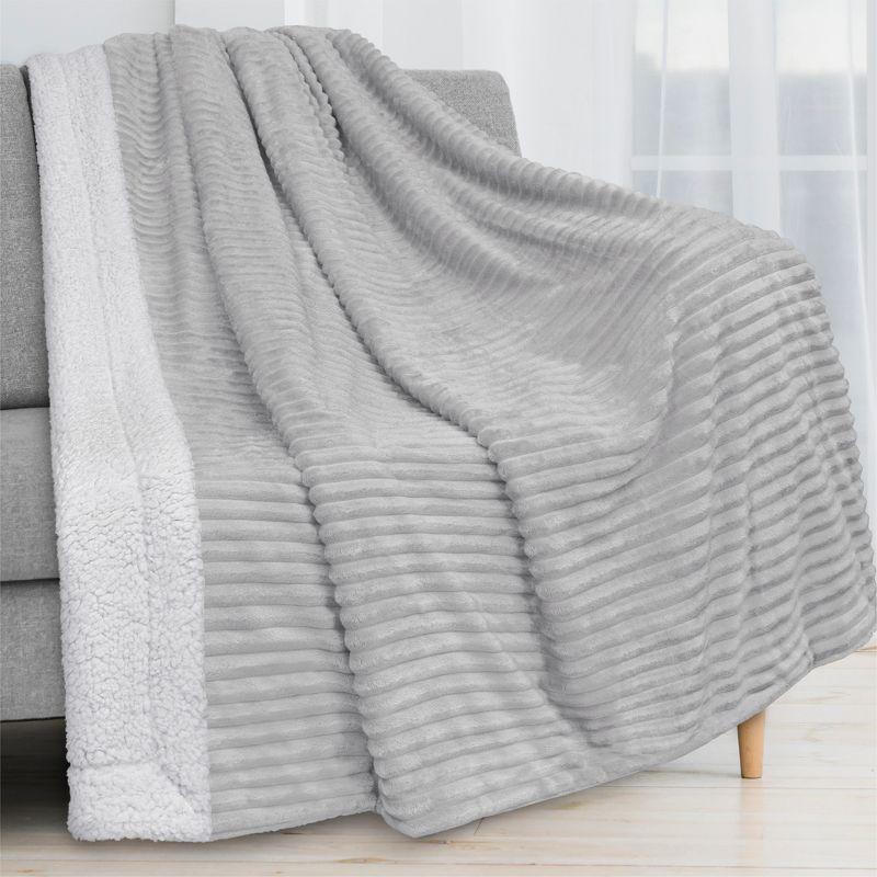 PAVILIA Soft Thick Fleece Flannel Ribbed Striped Throw Blanket, Luxury Fuzzy Plush Warm Cozy for Sofa Couch Bed