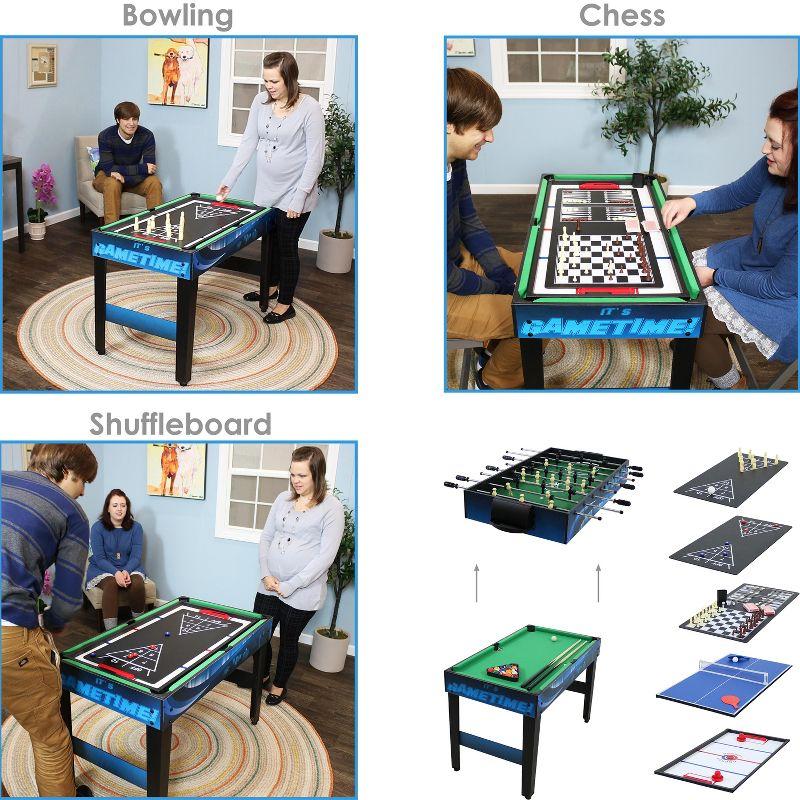 Sunnydaze Multi-Game Table with Billiards, Hockey, Foosball, Ping Pong, Shuffleboard, Chess, Cards, Checkers, Bowling, and Backgammon - Game Time Blue
