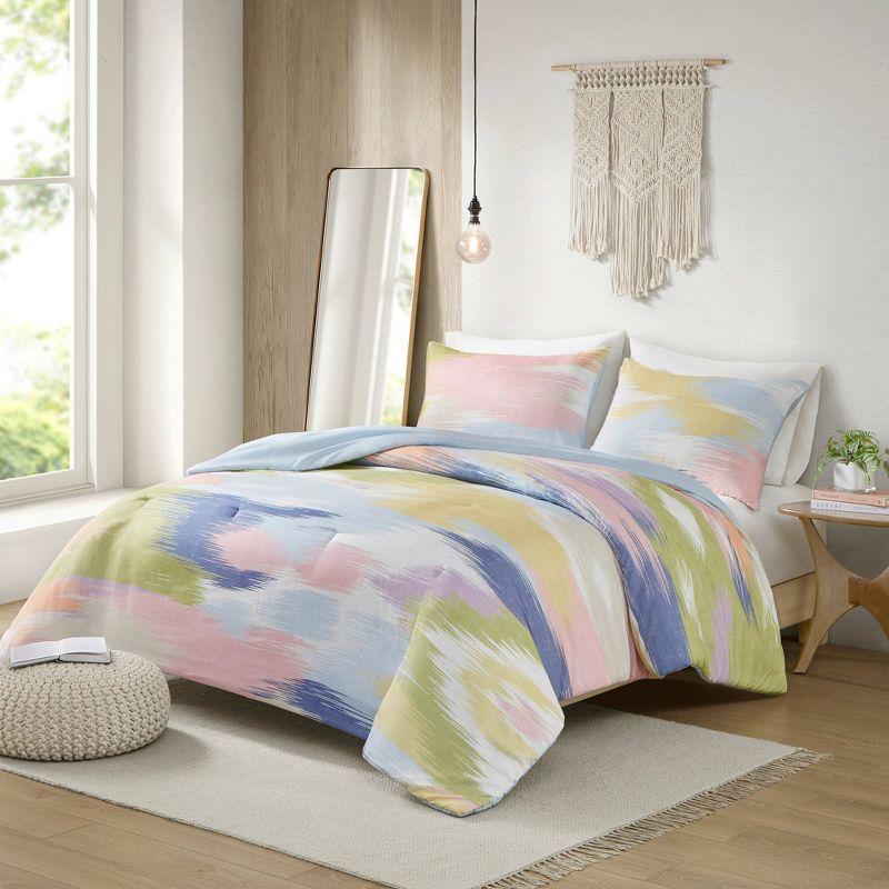 Full Blue Microfiber Abstract Brushstroke Comforter Set