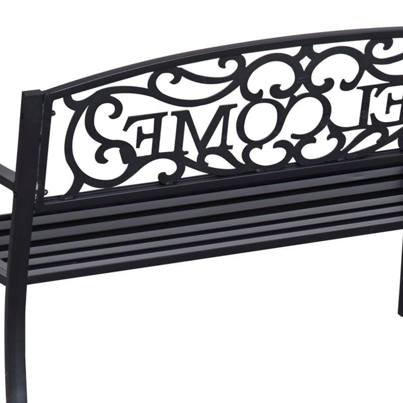 Outsunny 50" Outdoor Metal Welcome Bench, Powder Coated Cast Iron Sign & Steel Frame, 2 Person Bench with Antique Vine Motifs & Slatted Seat, Black