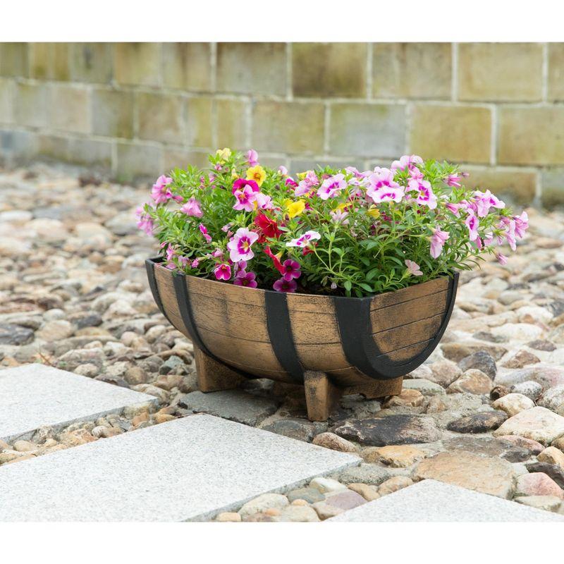 Gardenised Rustic Wood- Look Plastic Half Barrel Flower Pot Garden Planter, Pack of 2