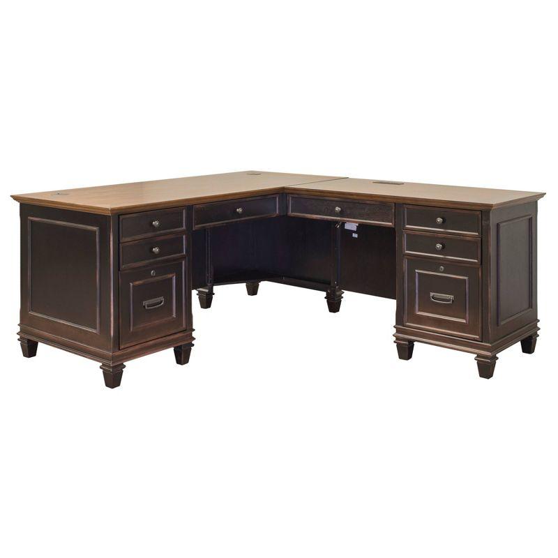 Martin Furniture Hartford L Shaped Pedestal Desk Brown: Executive Office Workstation with Metal Hardware