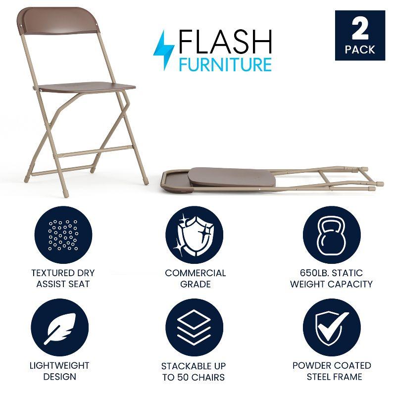 Flash Furniture Hercules Series Plastic Folding Chair Brown - 2 Pack 650LB Weight Capacity Comfortable Event Chair-Lightweight Folding Chair