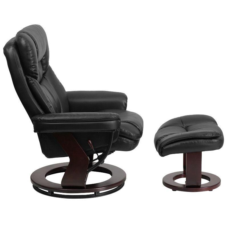 Flash Furniture Contemporary Multi-Position Recliner and Curved Ottoman with Swivel Mahogany Wood Base in Black LeatherSoft