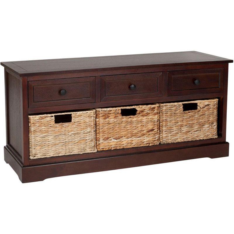 Transitional Damien Dark Cherry Pine Storage Bench with Wicker Baskets