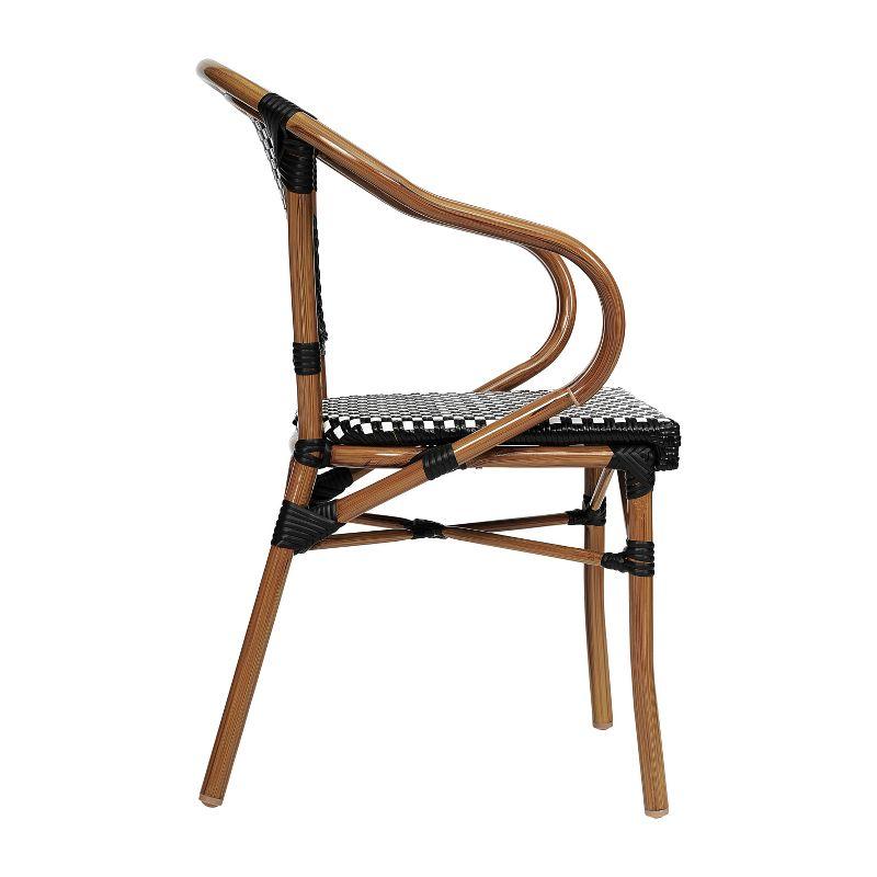 Emma & Oliver Soie Indoor/Outdoor Stacking Thonet Bistro Style Chair with Arms, Black & White PE Rattan Seat and Natural Bamboo Finished Metal Frame