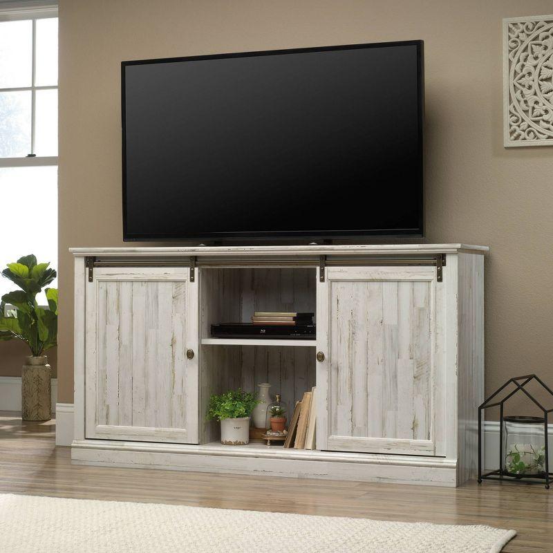 White Plank Sliding Door TV Stand with Adjustable Shelves