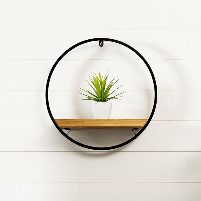 Black Iron and Wood Circular Wall Shelf