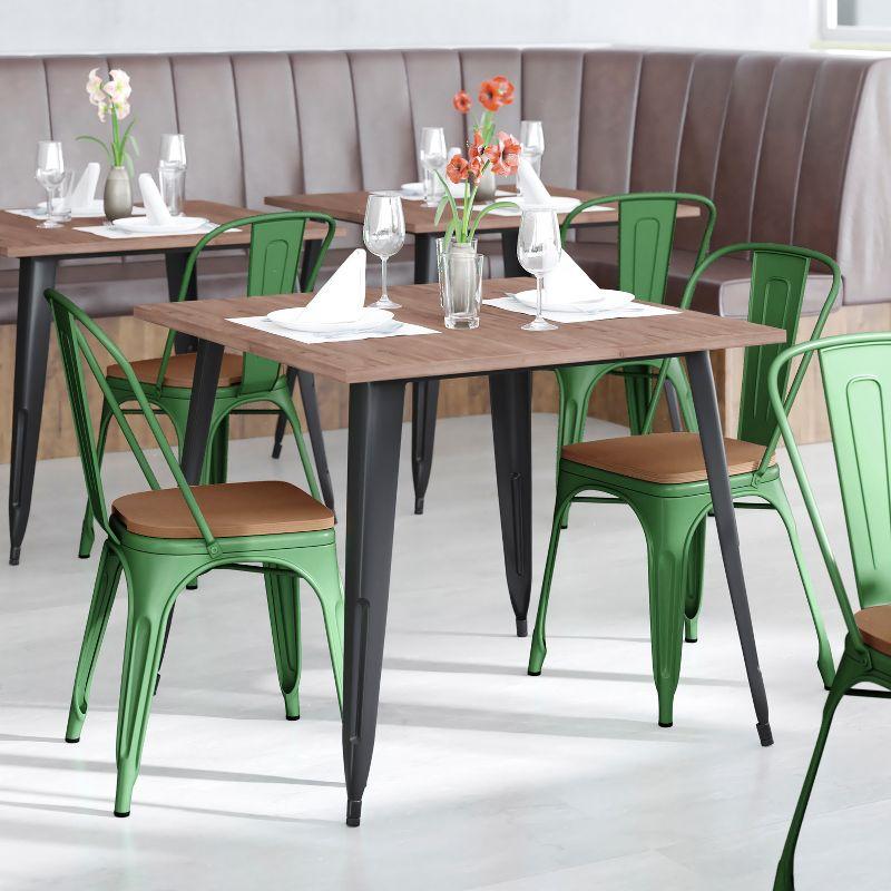 Green Metal Indoor-Outdoor Stackable Chair with Teak Seat