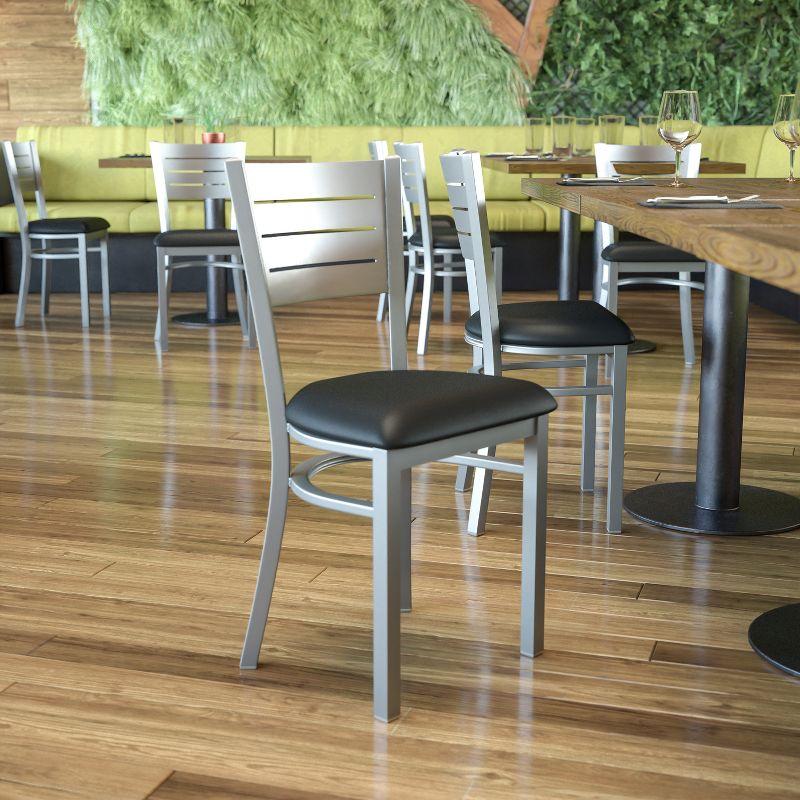 Flash Furniture HERCULES Series Silver Slat Back Metal Restaurant Chair - Black Vinyl Seat