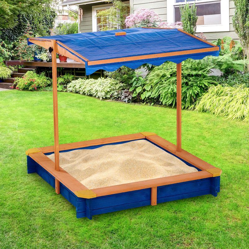 Teamson Kids Outdoor 46" x 46" Spruce Sand Box with Adjustable Canopy, Blue/Wood