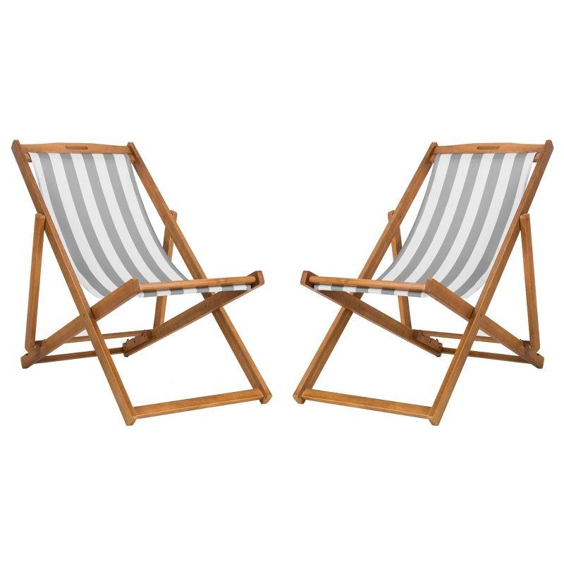 Loren Natural Teak and Grey Stripe Foldable Sling Chair Set