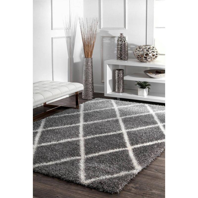 4'x6' Machine Made Diamond Shag Area Rug Ash- nuLOOM: Modern Trellis Design, High Pile, Stain-Resistant, Indoor Use