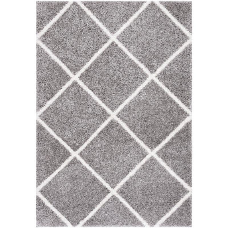 5' x 7' White and Grey Geometric Shag Area Rug