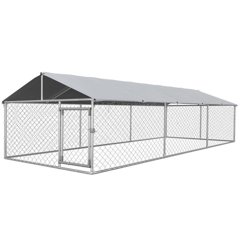 PawHut Dog Kennel, Outdoor Dog Run with Waterproof, UV Resistant Roof for Large-Sized Dogs, Silver