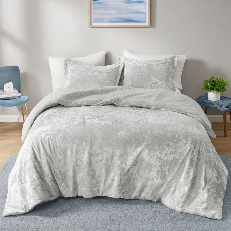 Twin/Twin XL Arabella Crushed Velvet to Faux Shearling Soft Reversible Teen Comforter Set Silver - Intelligent Design: Hypoallergenic Velvet Bedding