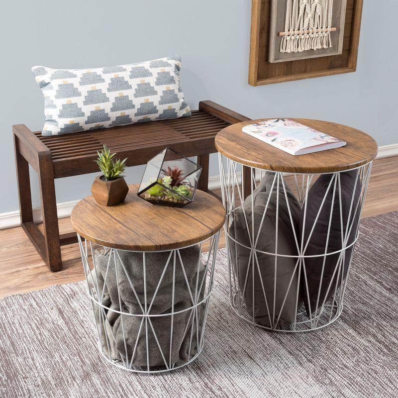 Round Wood and Metal Nesting Side Tables with Storage