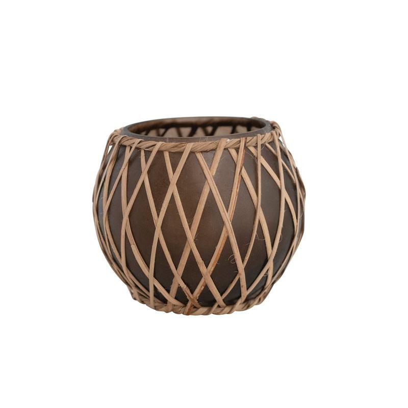 Storied Home Glass Votive Holder with Woven Rattan Sleeve, Brown and Natural