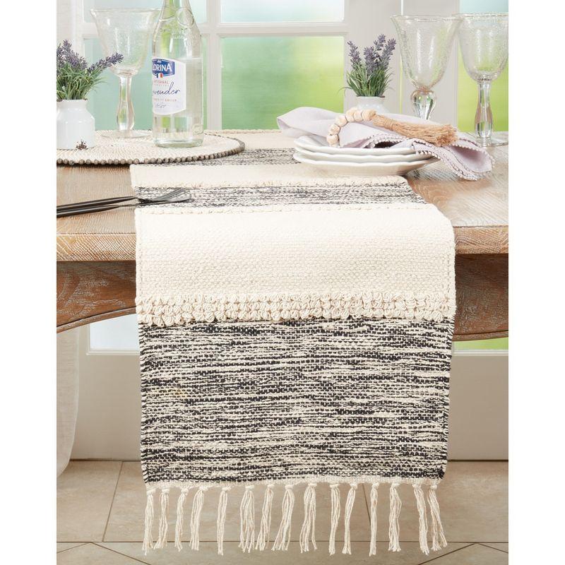 Black and Natural Cotton Banded Table Runner with Fringe