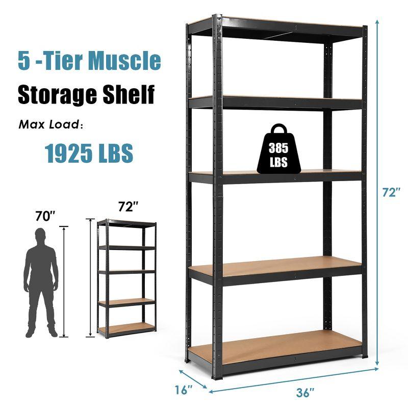 72'' Heavy Duty Black Steel Garage Rack with 5 Adjustable Wood Shelves