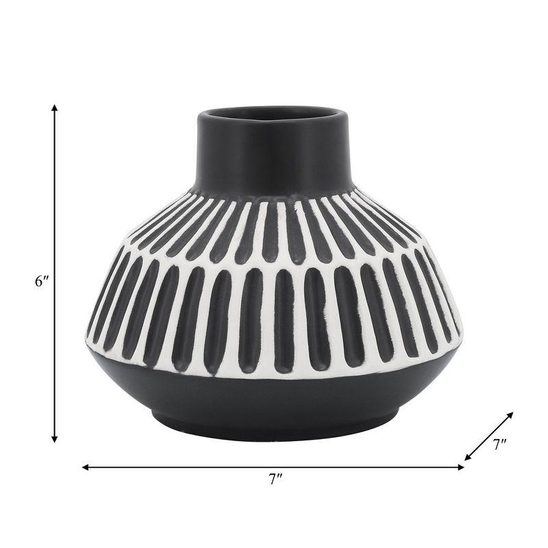 Sagebrook Home 5"H Diameter, Ceramic Geometric Vase, Black Finish with Intricate White Details, Decorative Vase