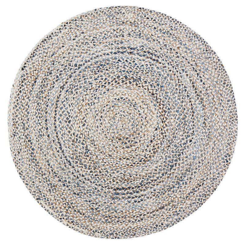 Handmade Braided Blue & White Round Wool-Cotton Blend Rug