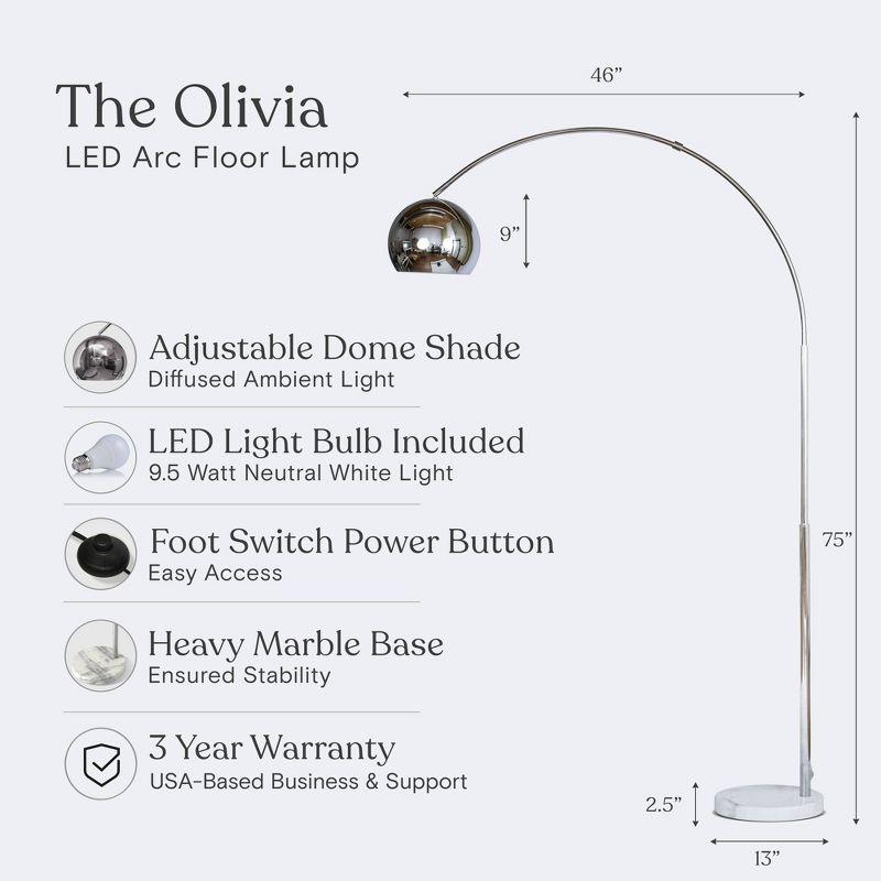 Brightech Olivia 75" Modern Industrial LED Arc Floor Lamp with Silver Chrome Finish, White Marble Base, and Metal Bowl Shade, Bulb Included
