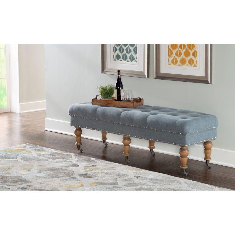 62" Washed Blue Linen Upholstered Traditional Bench