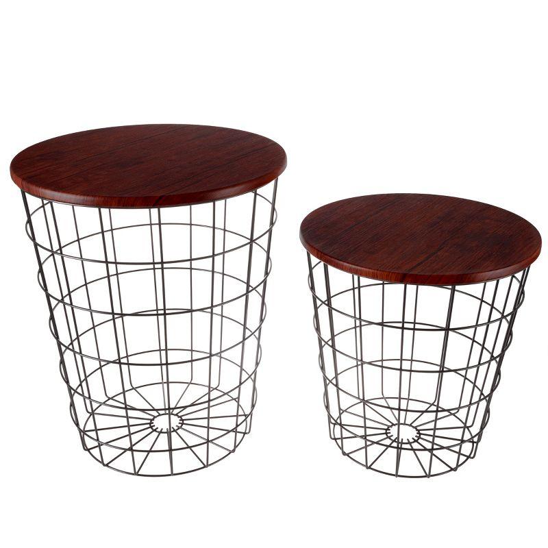 Hasting Home Set of 2 Nesting Tables with Storage - End Tables with Removable Wood Tops and Metal Basket Frame