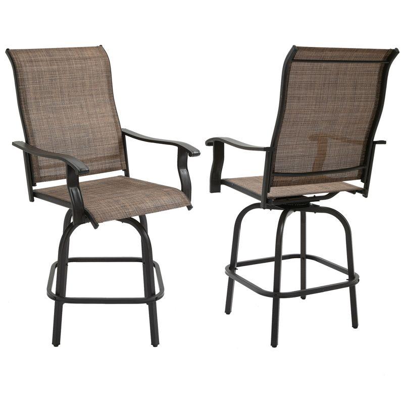 Canora Grey Outsunny Set of 2 Outdoor Swivel Bar Stools with Armrests, Bar Height Patio Chairs with Steel Frame , Brown
