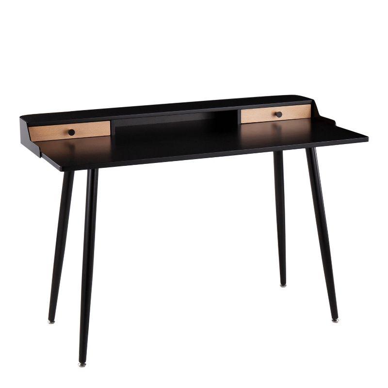Harvey Contemporary Computer Desk Steel/Wood Black - LumiSource: Mid-Century Office Furniture, 2 Drawers, Open Shelf Storage