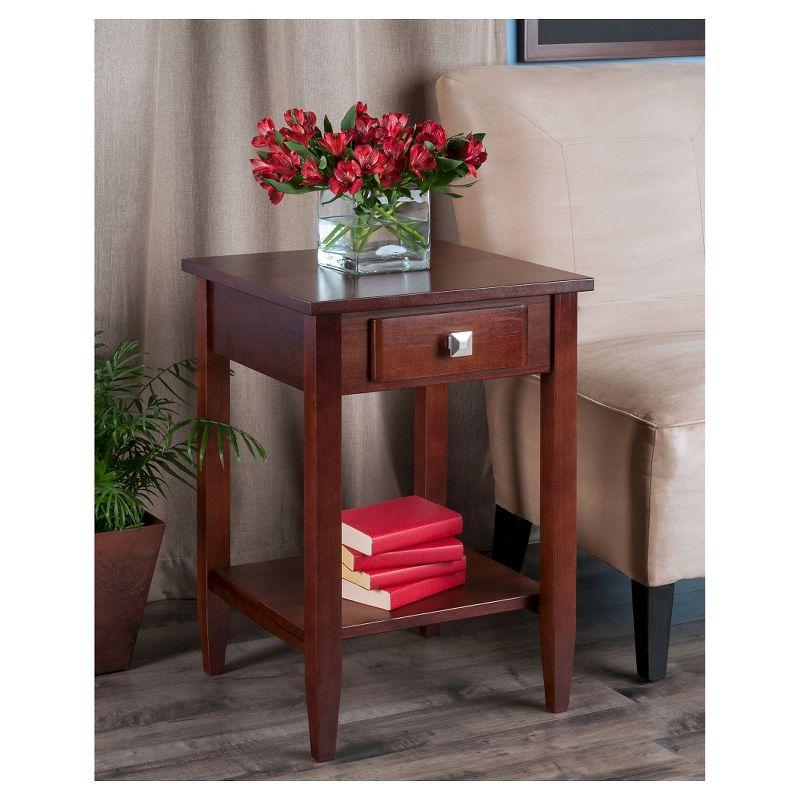 Richmond End Table with Tapered Leg Walnut Finish - Winsome: Modern Storage, Brushed-Chrome Knob, Hardwood