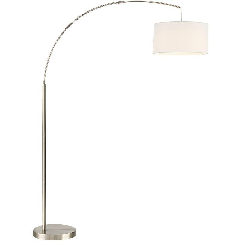 Modern Brushed Nickel Arc Floor Lamp with White Linen Shade