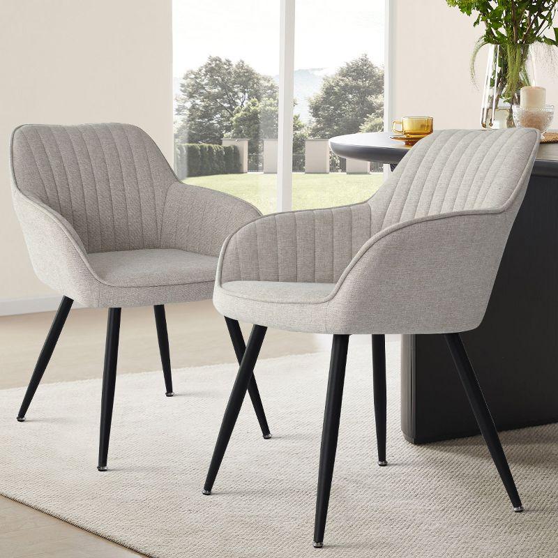 Set of 2 Modern Beige Fabric Dining Chair with Armrests, Upholstered Chair with Back and Black Metal Legs for Kitchen or Dining Room-Maison Boucle